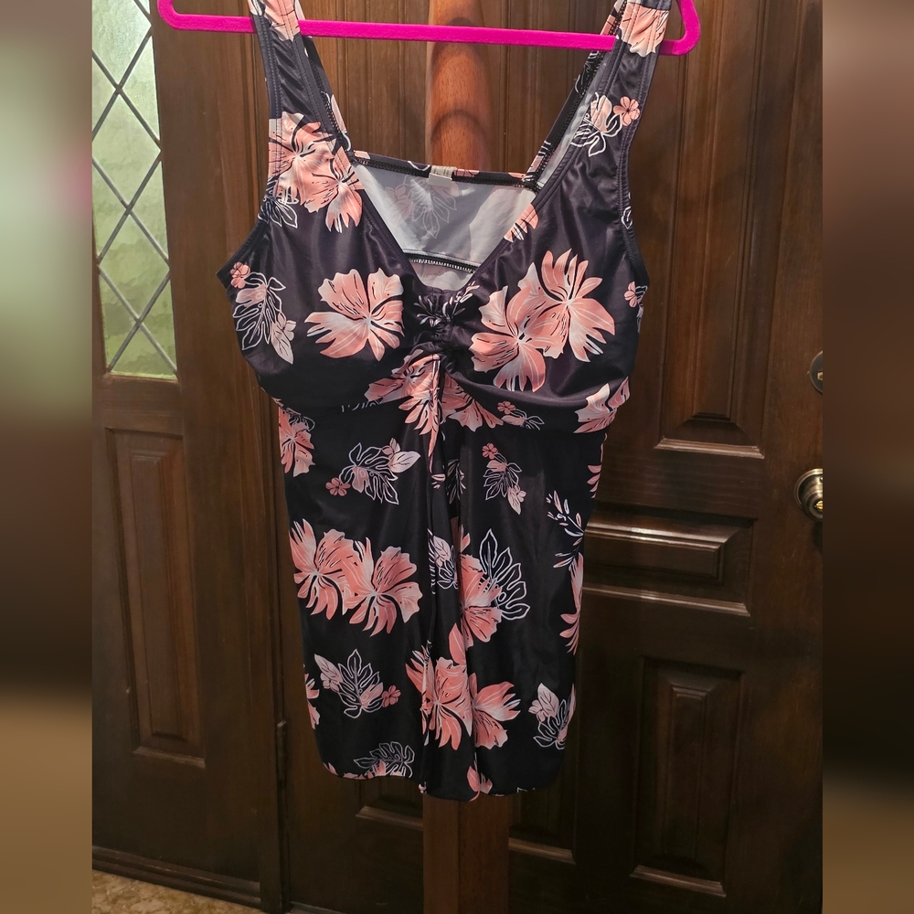 Black Floral Swimdress with Pink Hibiscus Print